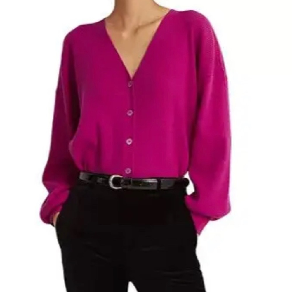 🆕Lauren Ralph Lauren V neck  Blouson Sleeve button-down Cardigan magenta M NWT